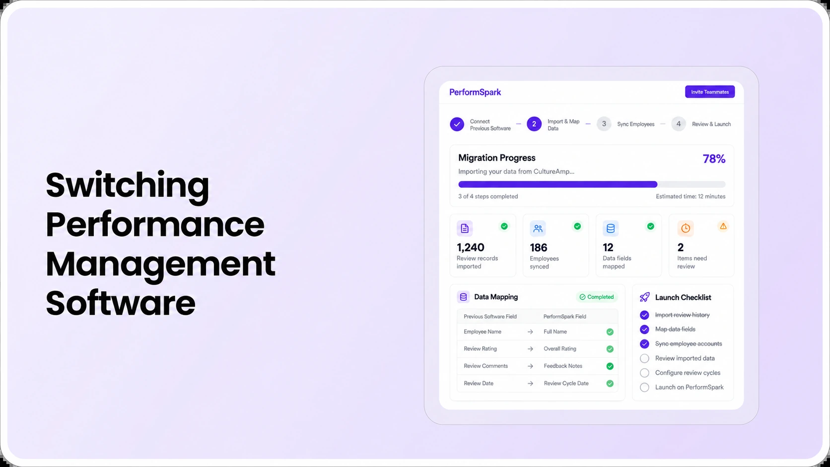 Performance management software migration thumbnail showing an employee review records transfer workflow, mapping progress and import status in a PerformSpark-style dashboard