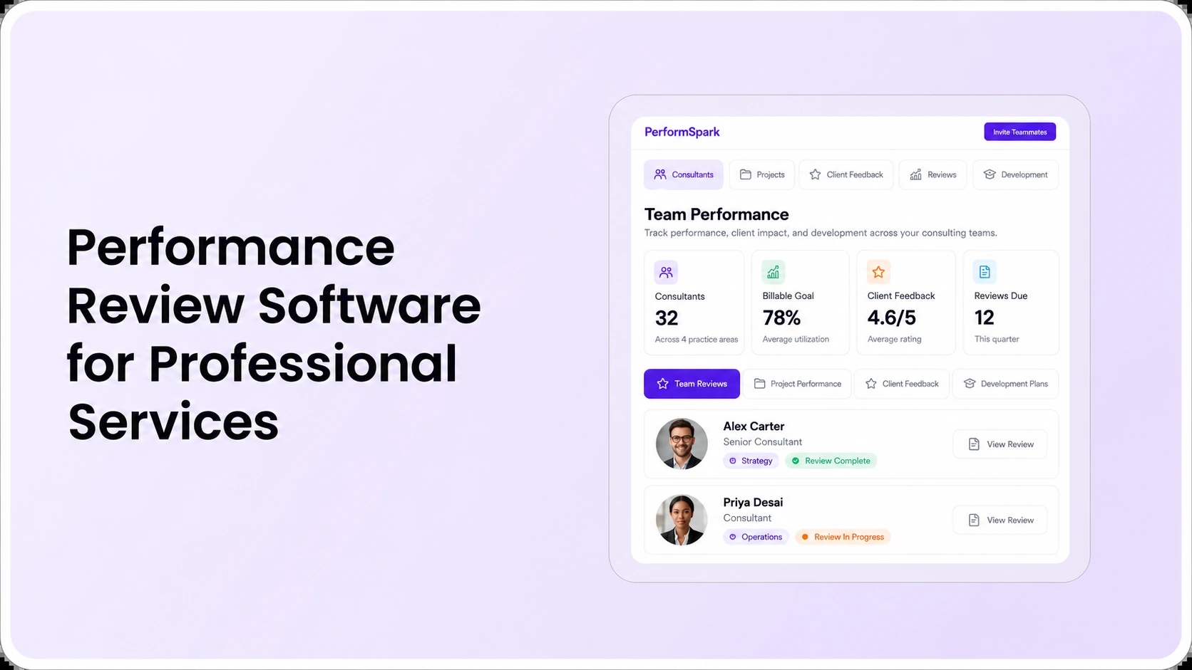 PerformSpark professional services performance review software thumbnail showing project team feedback, consultant competencies and review progress dashboard