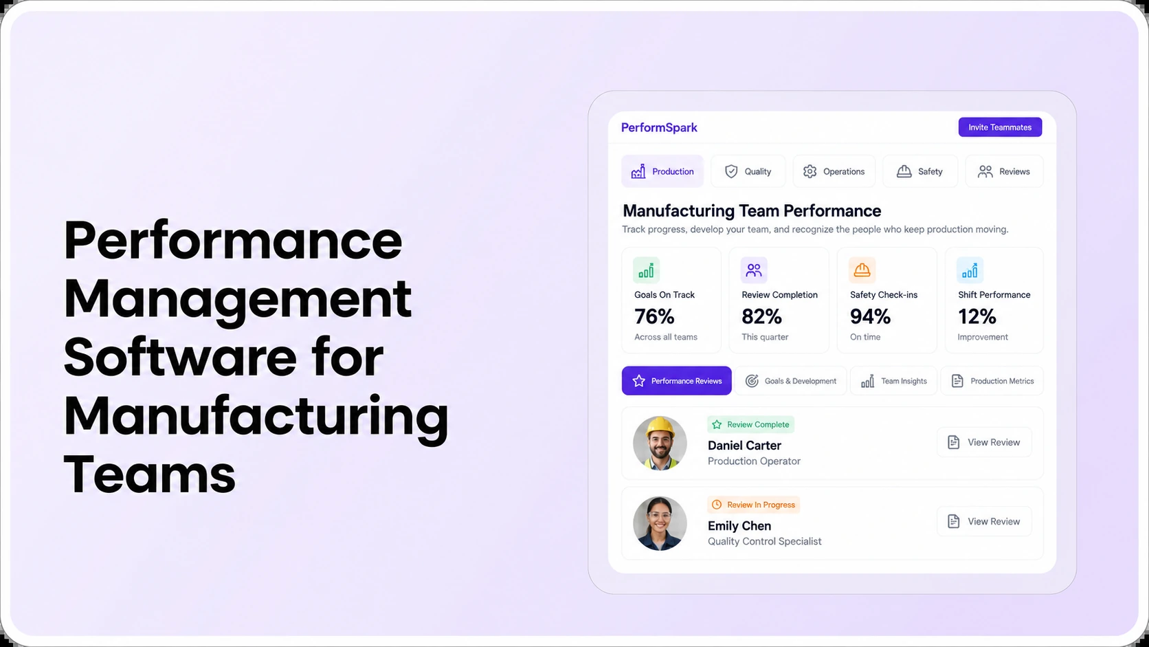 PerformSpark manufacturing performance management thumbnail showing a production team review dashboard with supervisor goals, team progress and review status