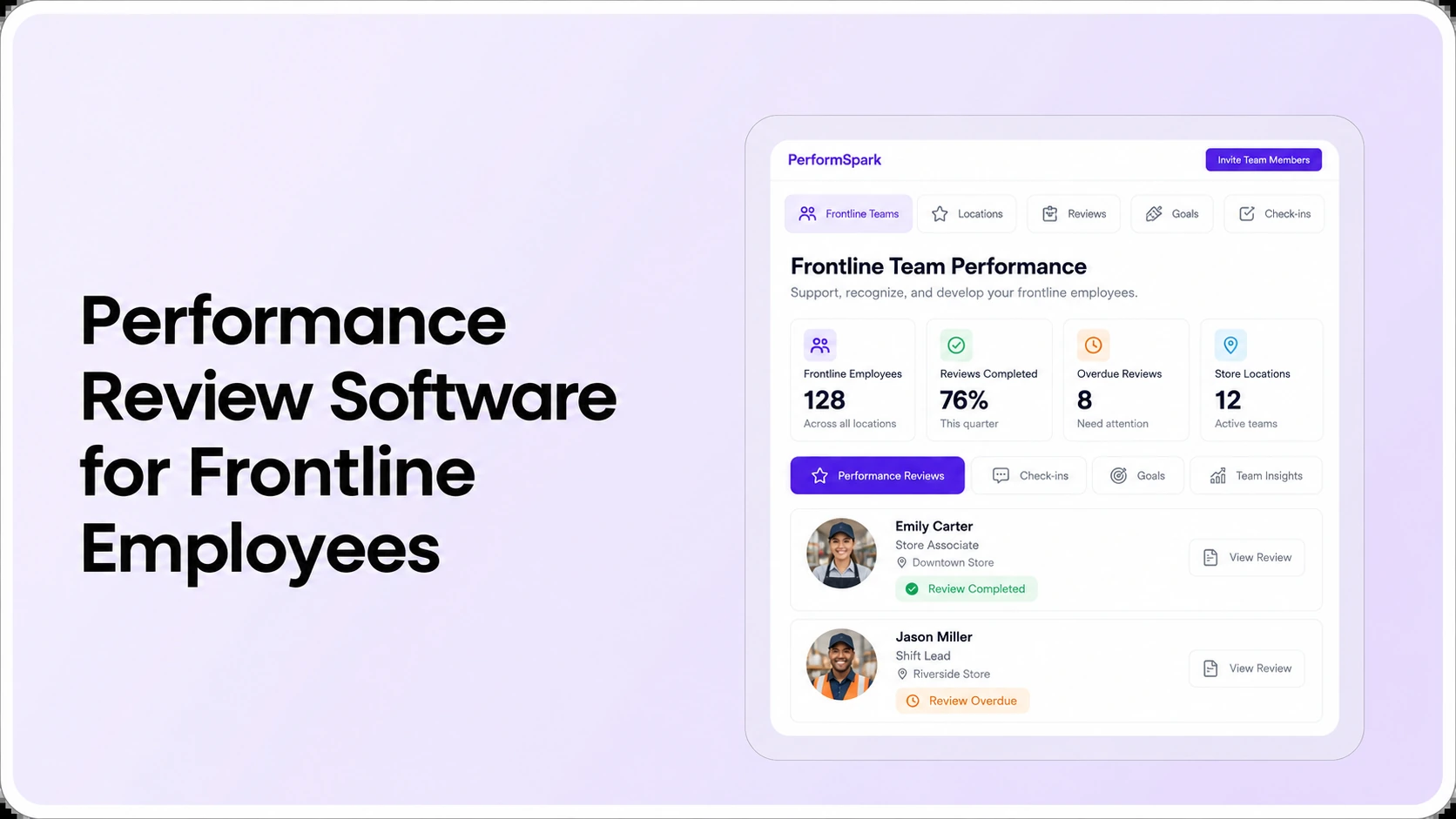 PerformSpark frontline performance review software thumbnail showing shift-team review status, supervisor tasks and employee performance dashboard
