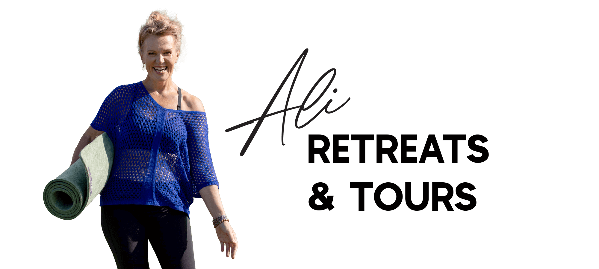 Ali Harper smiling and carrying a yoga mat, leading wellness retreats, workshops and tours focused on empowerment and connection.