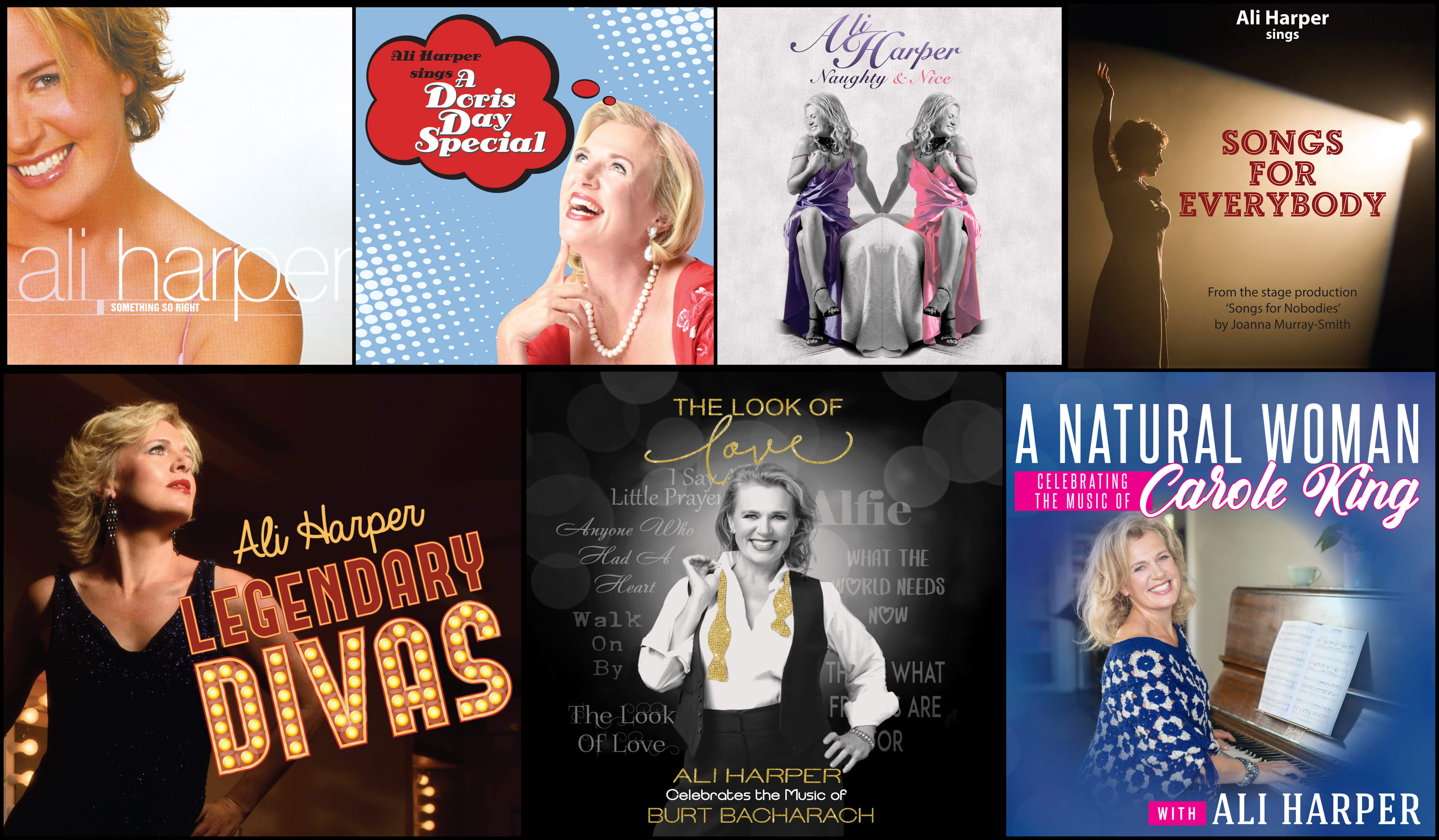 Collage of six Ali Harper album covers featuring her portraits and album titles in various styles.