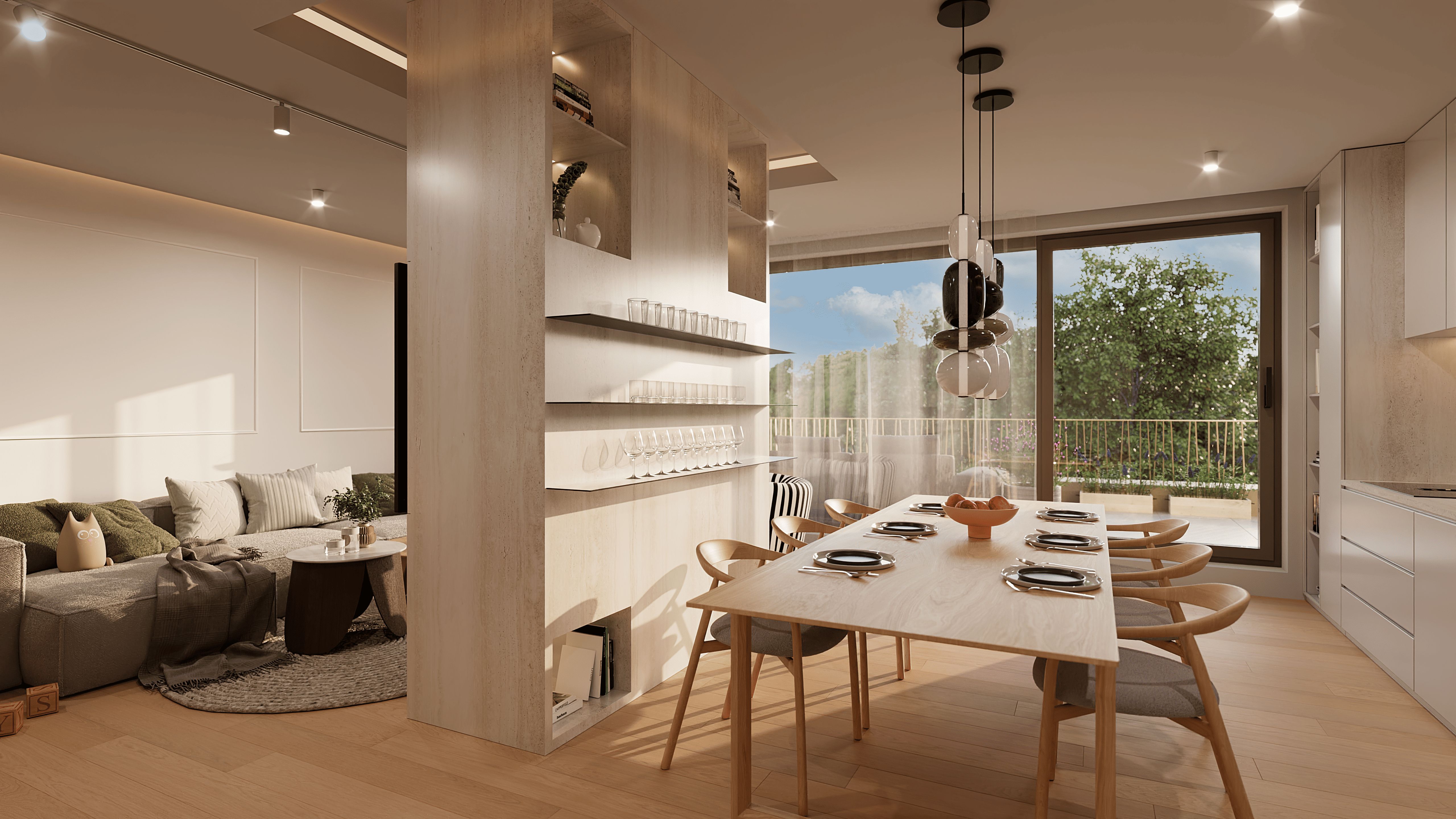Interiér bytu ECOVILLA – obývací pokoj s kuchyníí