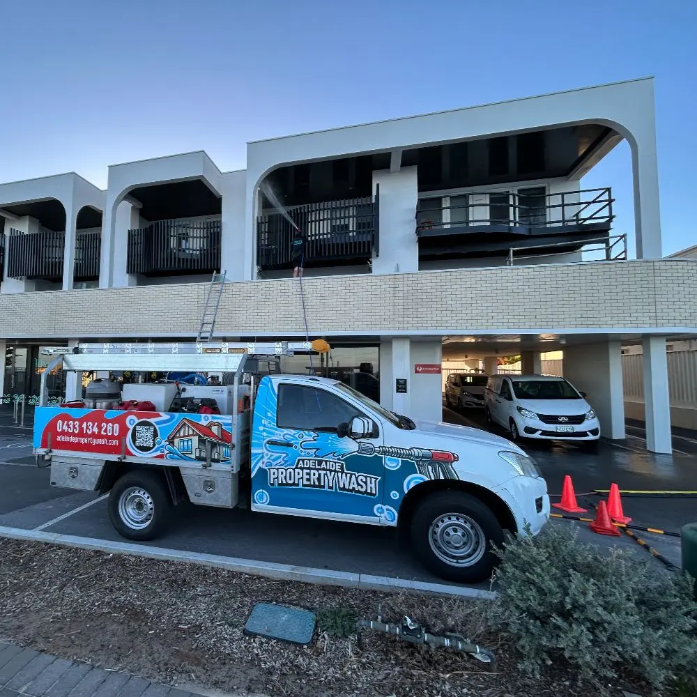 An Adelaide Property Wash Utility Vehicle on location for Window and Glass Cleaning