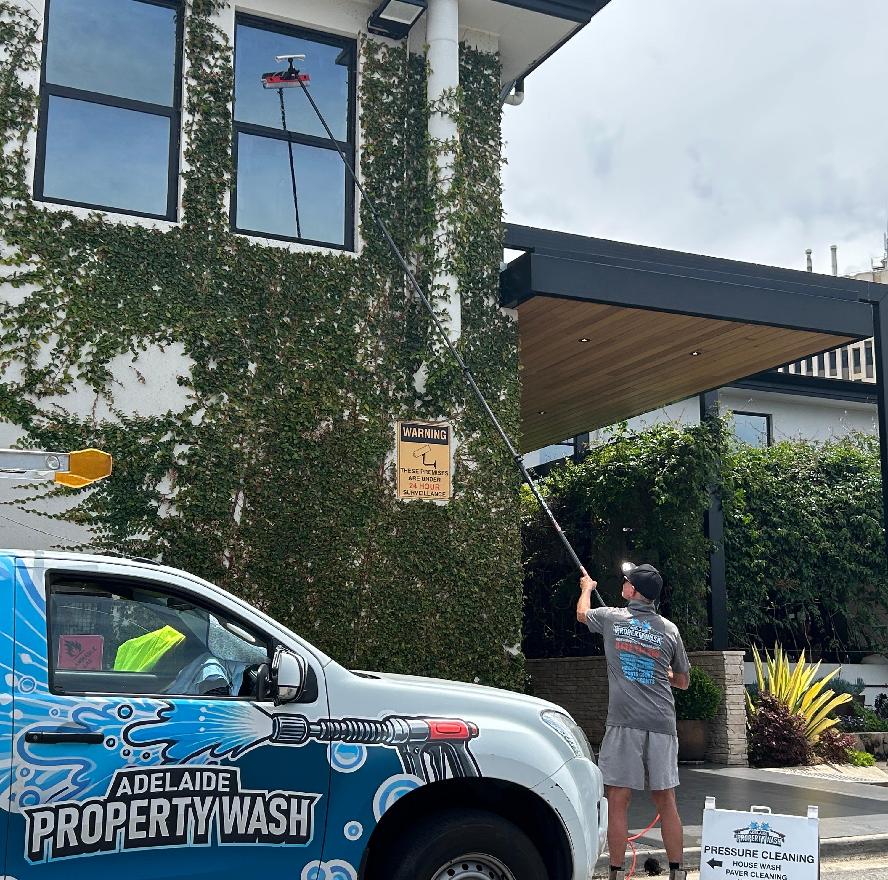 An Adelaide Property Wash Utility Vehicle on location for Window and Glass Cleaning