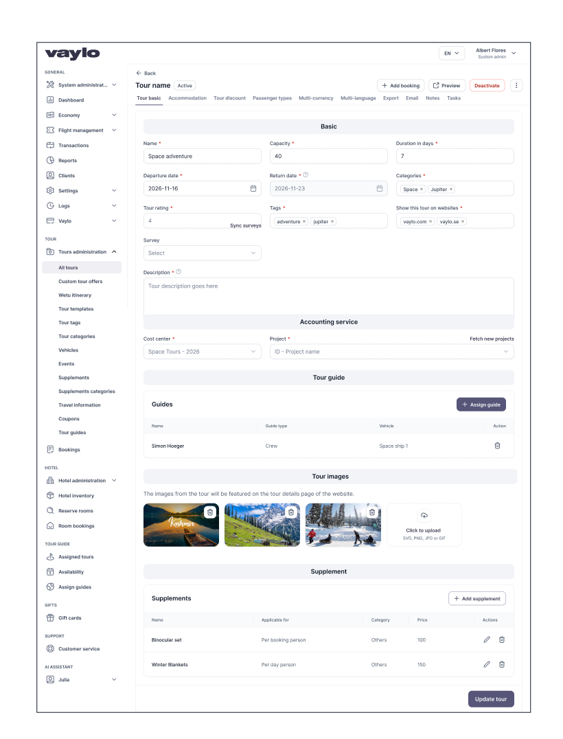 View of Vaylo admin tour booking