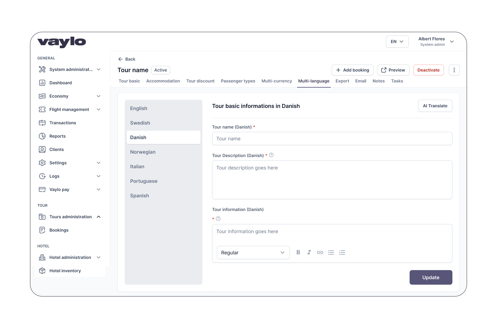View of Vaylo admin AI language support