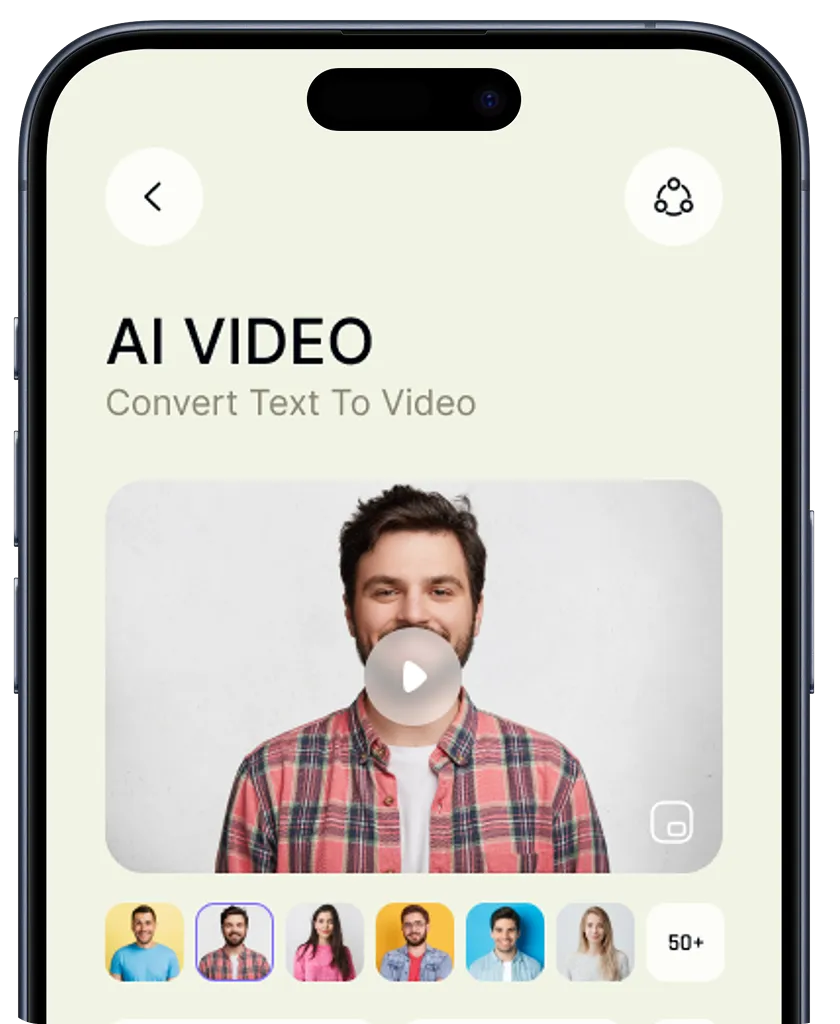 Mobile phone screen showing an AI video app interface with a man in a red plaid shirt and video play button, plus selectable avatar thumbnails below.