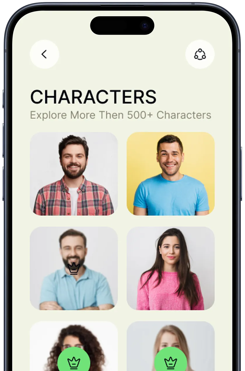 Mobile app screen titled 'CHARACTERS' showing six portraits of smiling individuals in a grid layout, with some marked by a green crown icon.