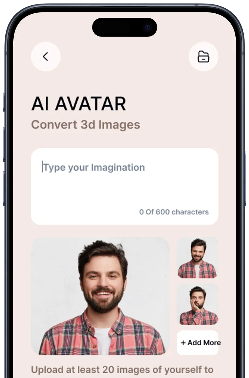 Mobile app screen titled AI Avatar to convert 3D images with an input box labeled 'Type your Imagination' and a gallery showing photos of a smiling man in a plaid shirt with an option to add more images.