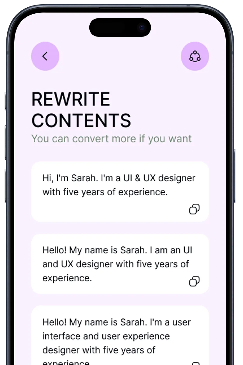 Mobile screen showing a text rewriting app with example sentences about Sarah, a UI and UX designer with five years of experience.