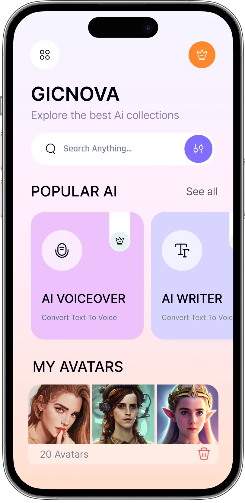Mobile app screen for GICNOVA showcasing AI collections, search bar, popular AI tools like AI Voiceover and AI Writer, and three fantasy avatar images.