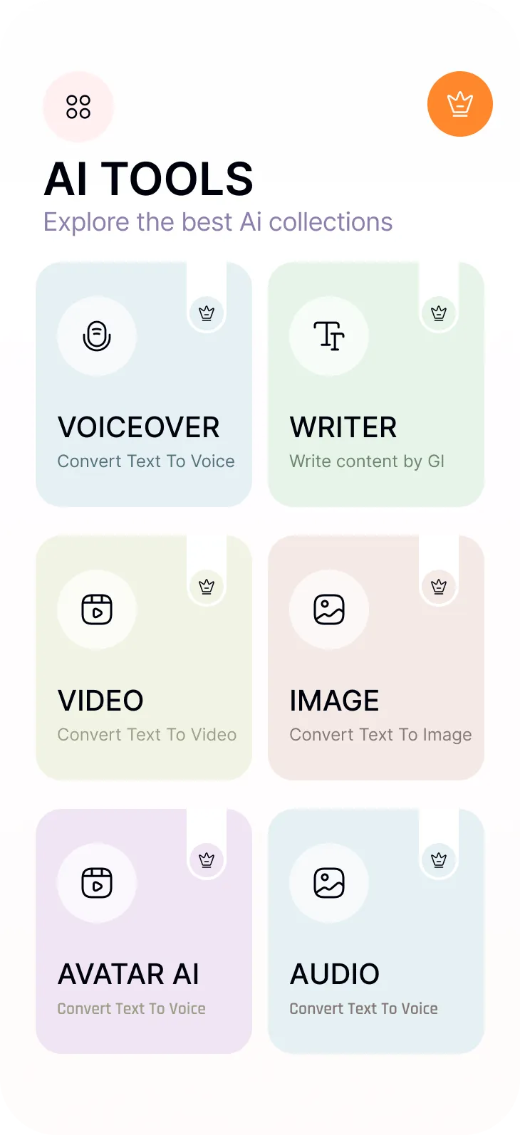 AI Tools menu showing options: Voiceover to convert text to voice, Writer to create content by AI, Video to convert text to video, Image to convert text to image, Avatar AI to convert text to voice, and Audio to convert text to voice.