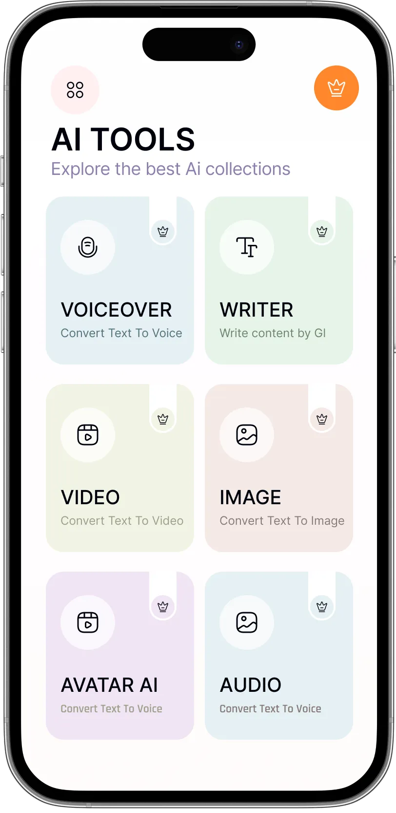 Mobile screen displaying an AI tools app with options like Voiceover, Writer, Video, Image, Avatar AI, and Audio for converting text to voice, video, image, or content writing.
