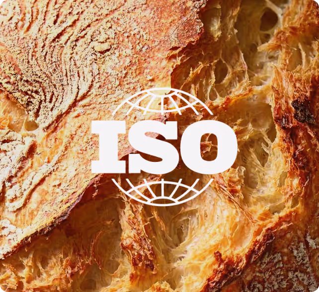 Close-up of a textured crusty bread with white ISO text and globe icon overlay.