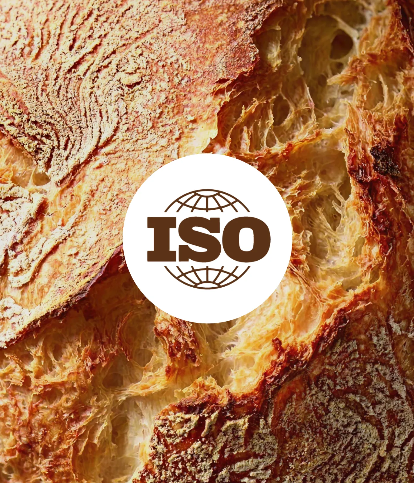 Close-up of crusty, textured bread with a white circle containing the brown ISO logo featuring a globe and bold letters.
