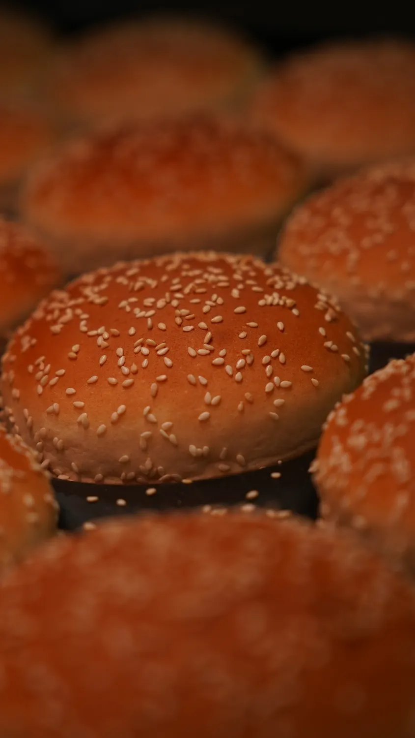 Close-up of freshly baked sesame seed hamburger buns.