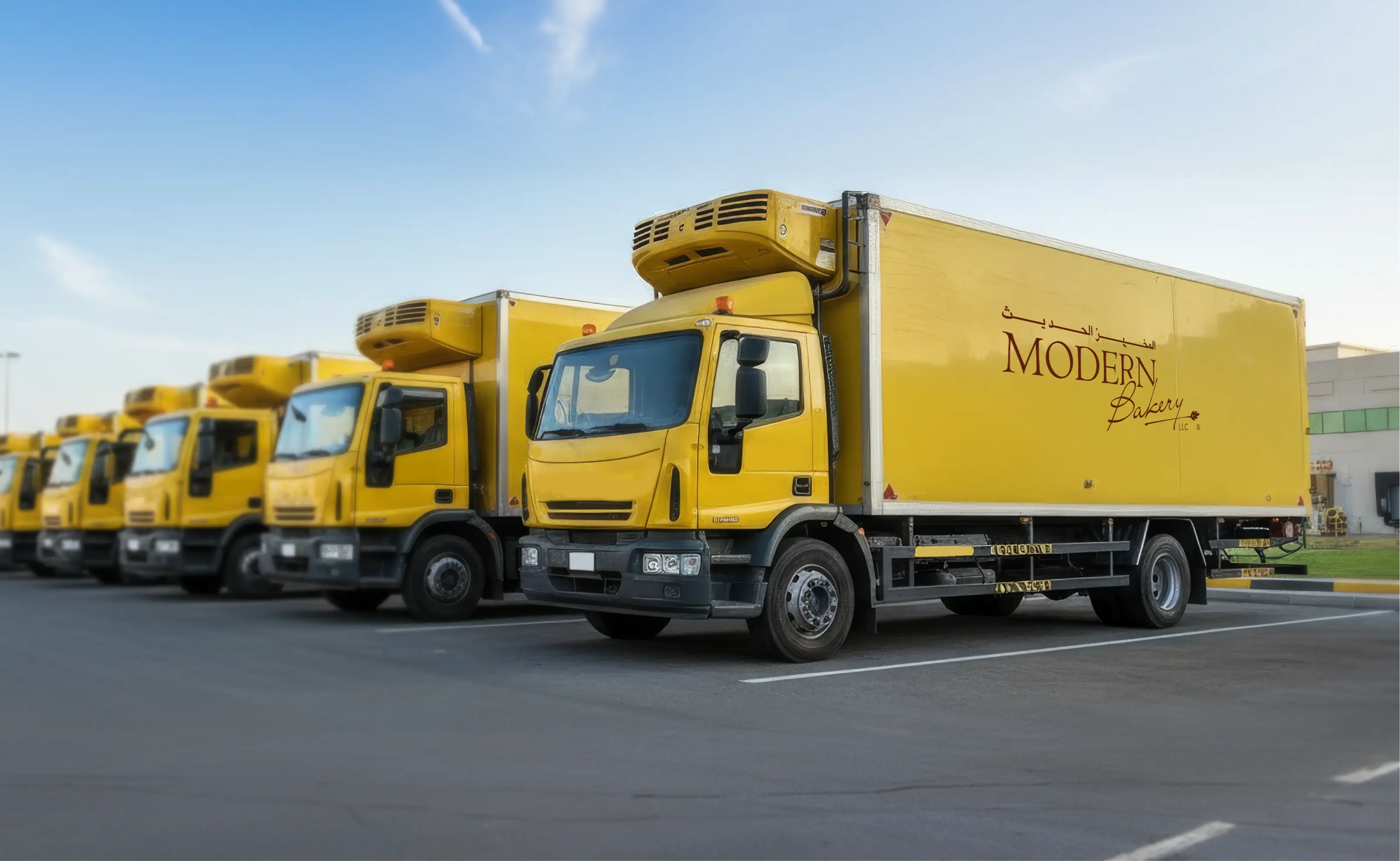 Yellow refrigerated trucks parked in a row with Modern Bakery branding on the side of the nearest truck.