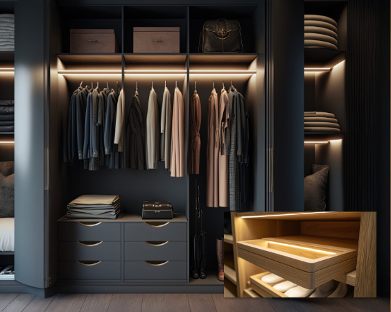 Armadio lungo 7 metri nello studio fotografico di Claudia Spaziani a Bologna, ricco di un’ampia selezione di abiti e accessori artigianali per servizi fotografici di gravidanza, newborn e ritratto, organizzati in scomparti eleganti con cassetti illuminati.