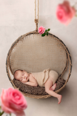 Neonato in cestino sospeso con outfit beige, circondato da rose rosa e tessuti naturali, ritratto poetico e sereno.