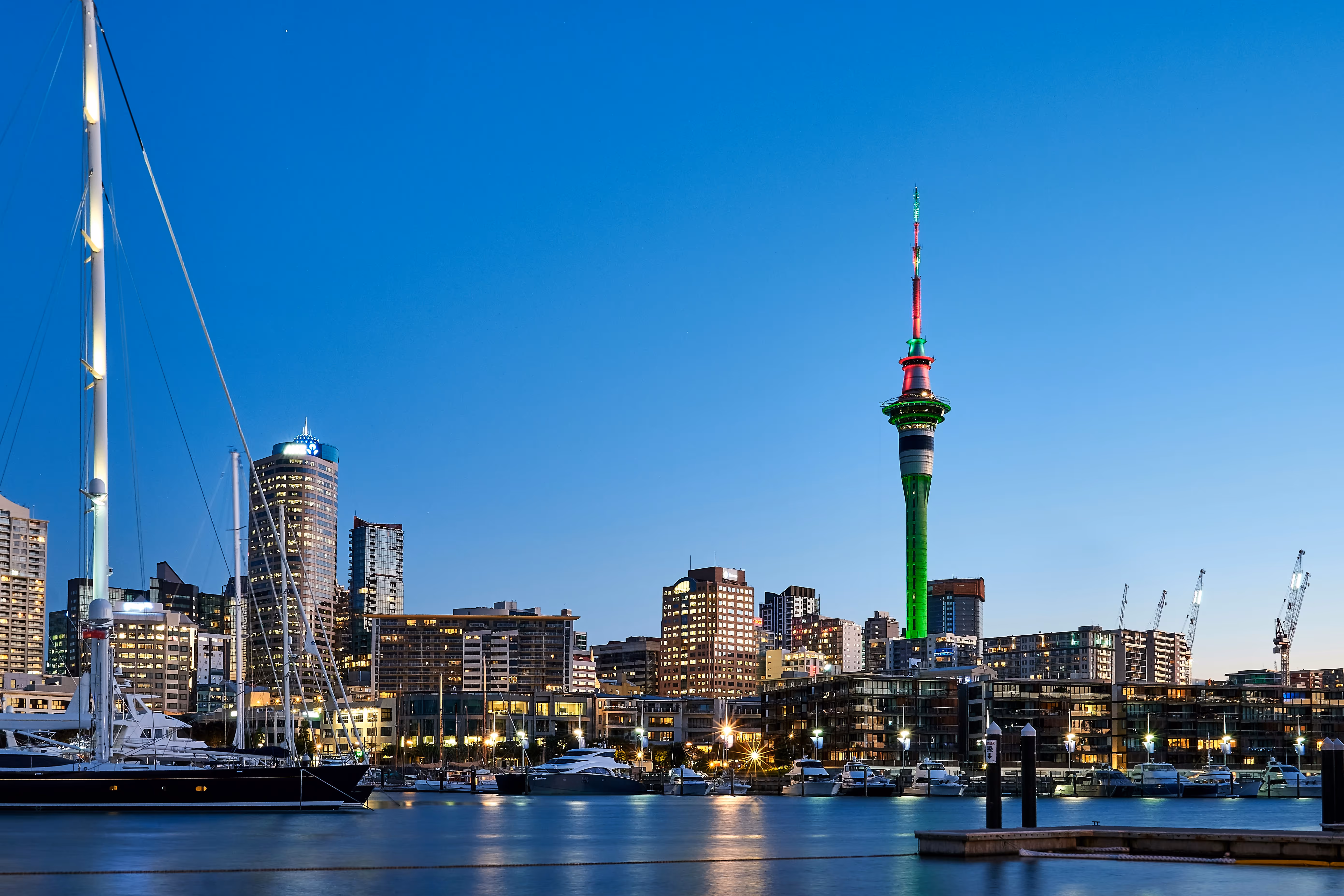 A city skyline showing skyscrapers and large buildings
