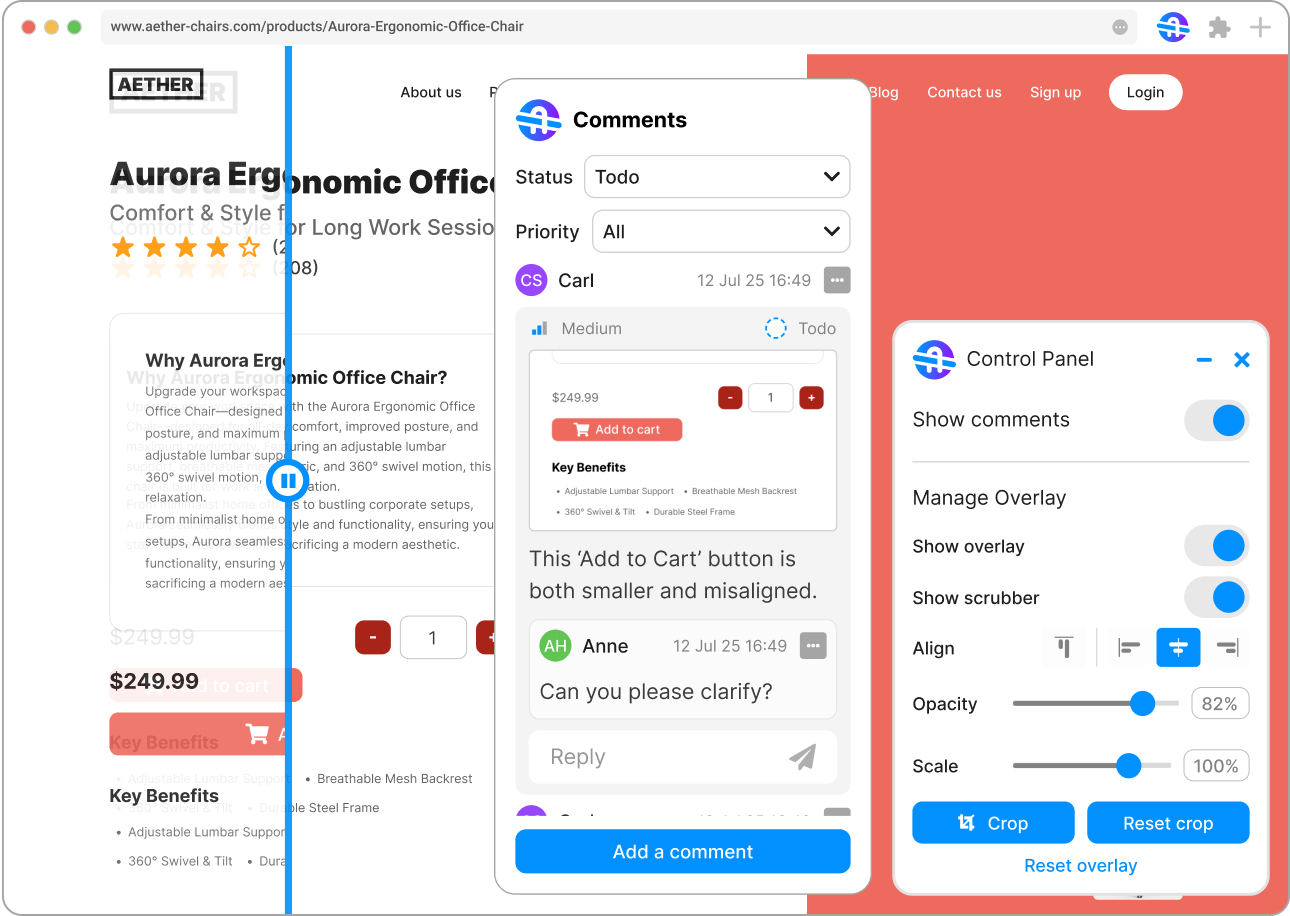 Preview of BridgeQA functionalities with Comments panel and control panel 