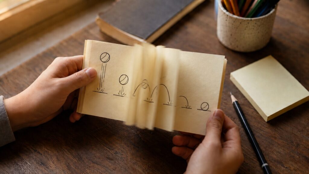 How to make an animation flipbook showing a hand-drawn bouncing ball sequence