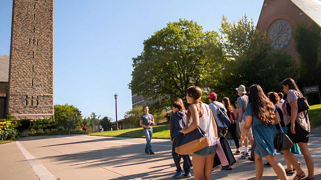 Students taking a tour of the Cornell campus