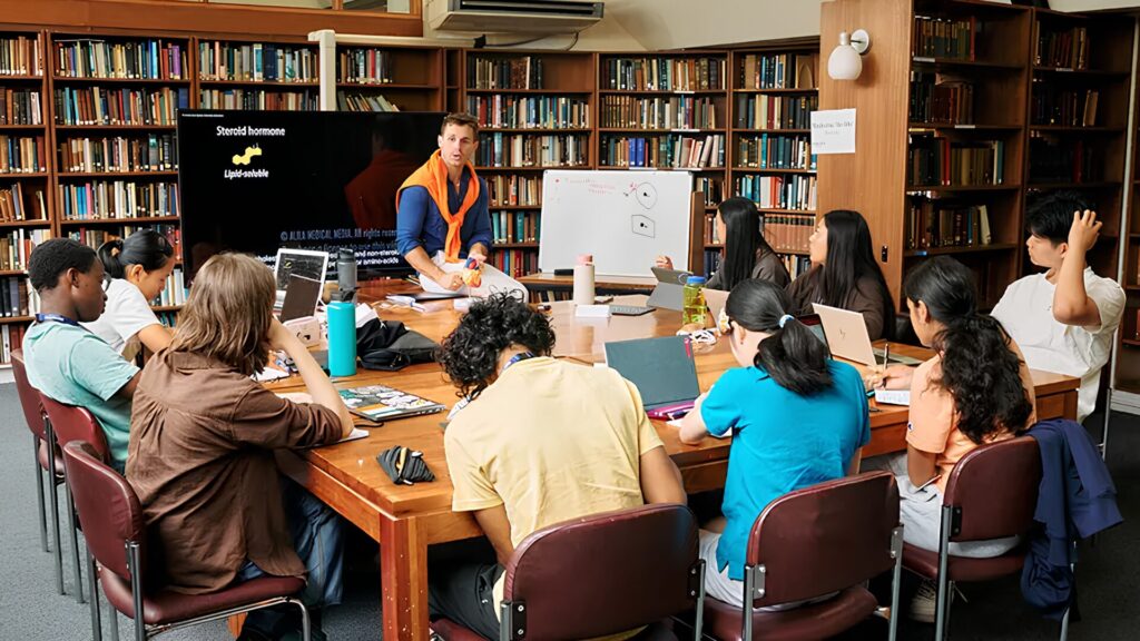 A group of high school students seated along the sides of a square table with laptops on the desk, in the library; a person at the head of the table is sitting on a different table, explaining concepts with a whiteboard to their left and a tv behind them.