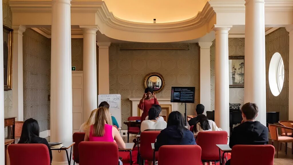 A group of students attending a law class in a classroom with pillars