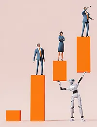 Robot assisting business growth by lifting progress chart