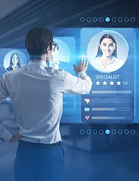 Man using futuristic digital interface for candidate selection