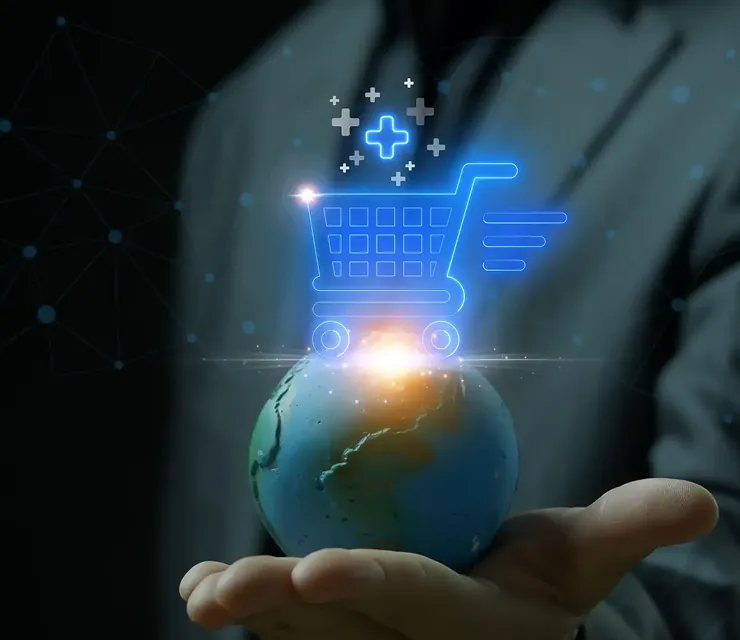 Businessman holding globe with digital shopping cart