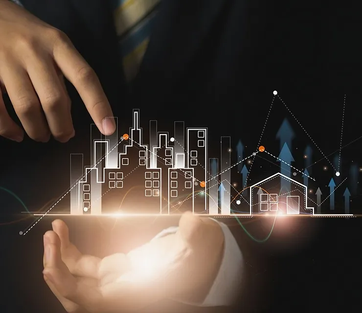 Businessman analyzing digital city growth with graphs