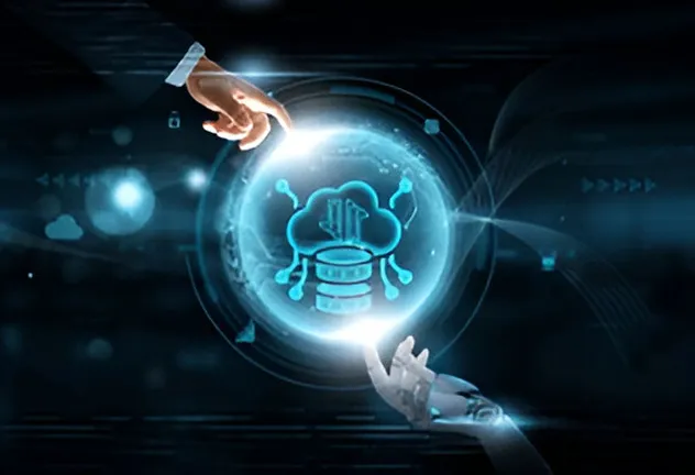 Human hand and robotic hand connecting through cloud AI symbol