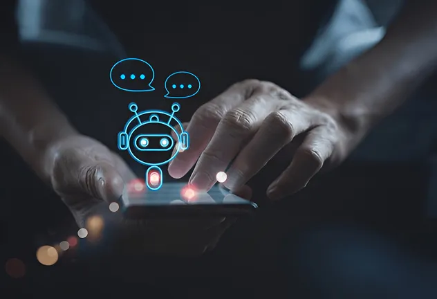 Person using smartphone with chatbot assistant icon