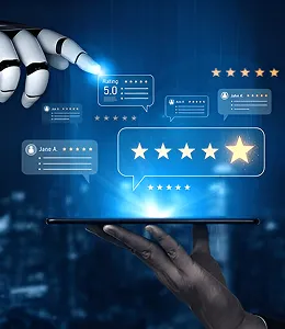 Robot and human hand interacting with digital five-star rating system.