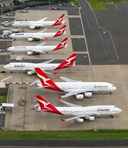 Qantas airplanes parked in a row at airport