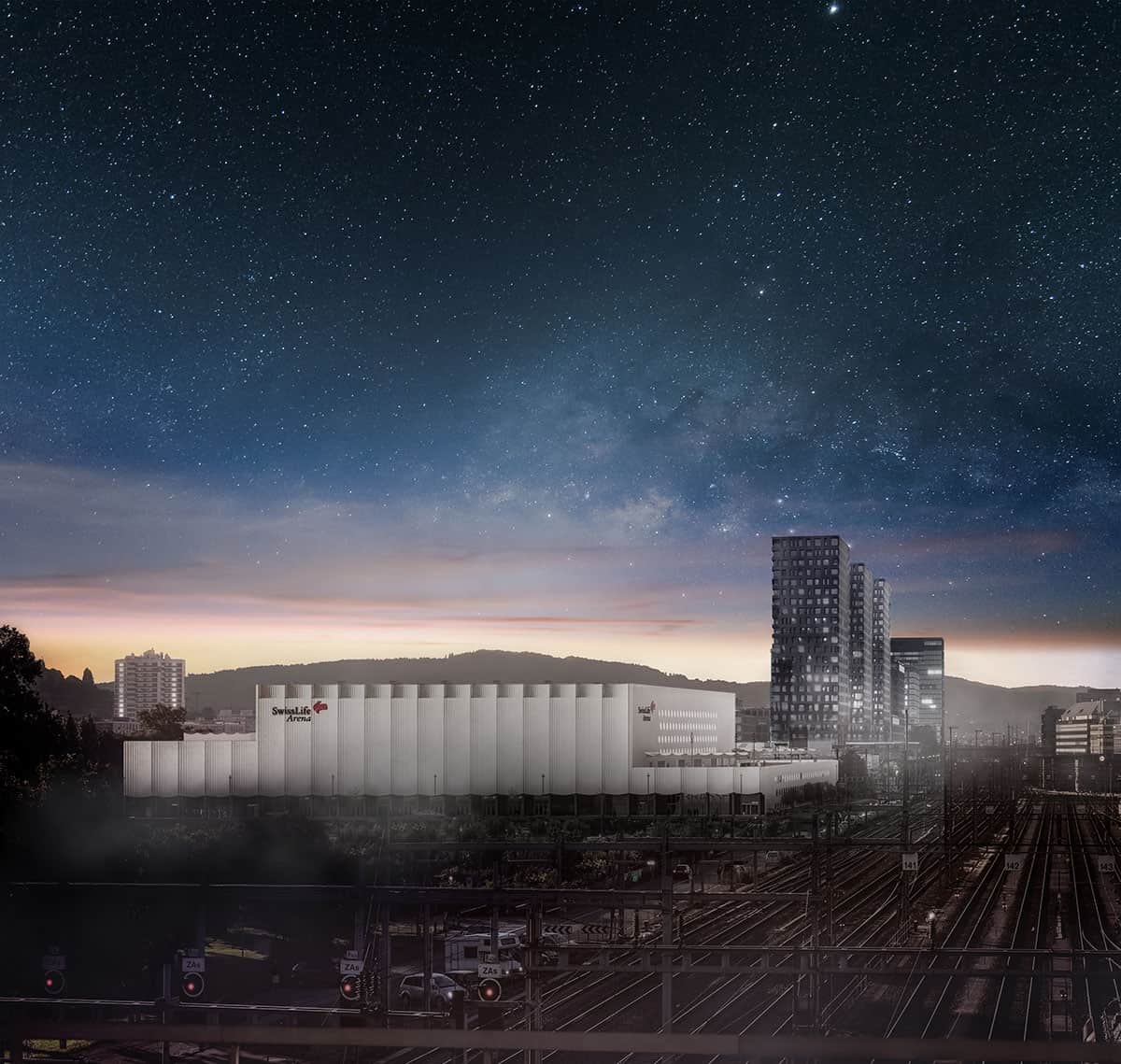 A night picture of the Swiss Life Arena in Zurich