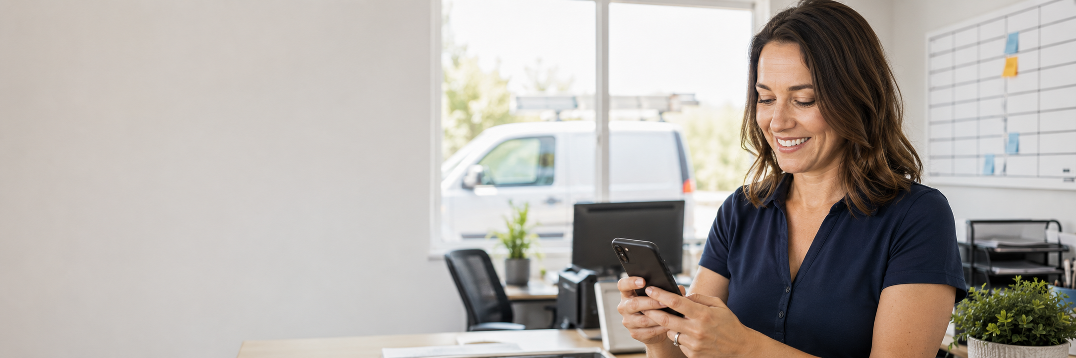 Home-service office manager sending a customer review request from her smartphone