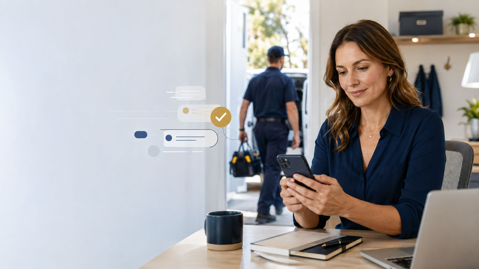 Home-service office manager preparing an automated customer review request after a completed service call