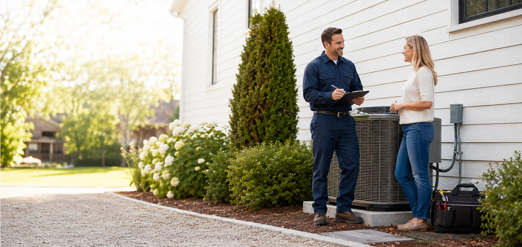 HVAC technician completing a residential service visit and speaking with the homeowner