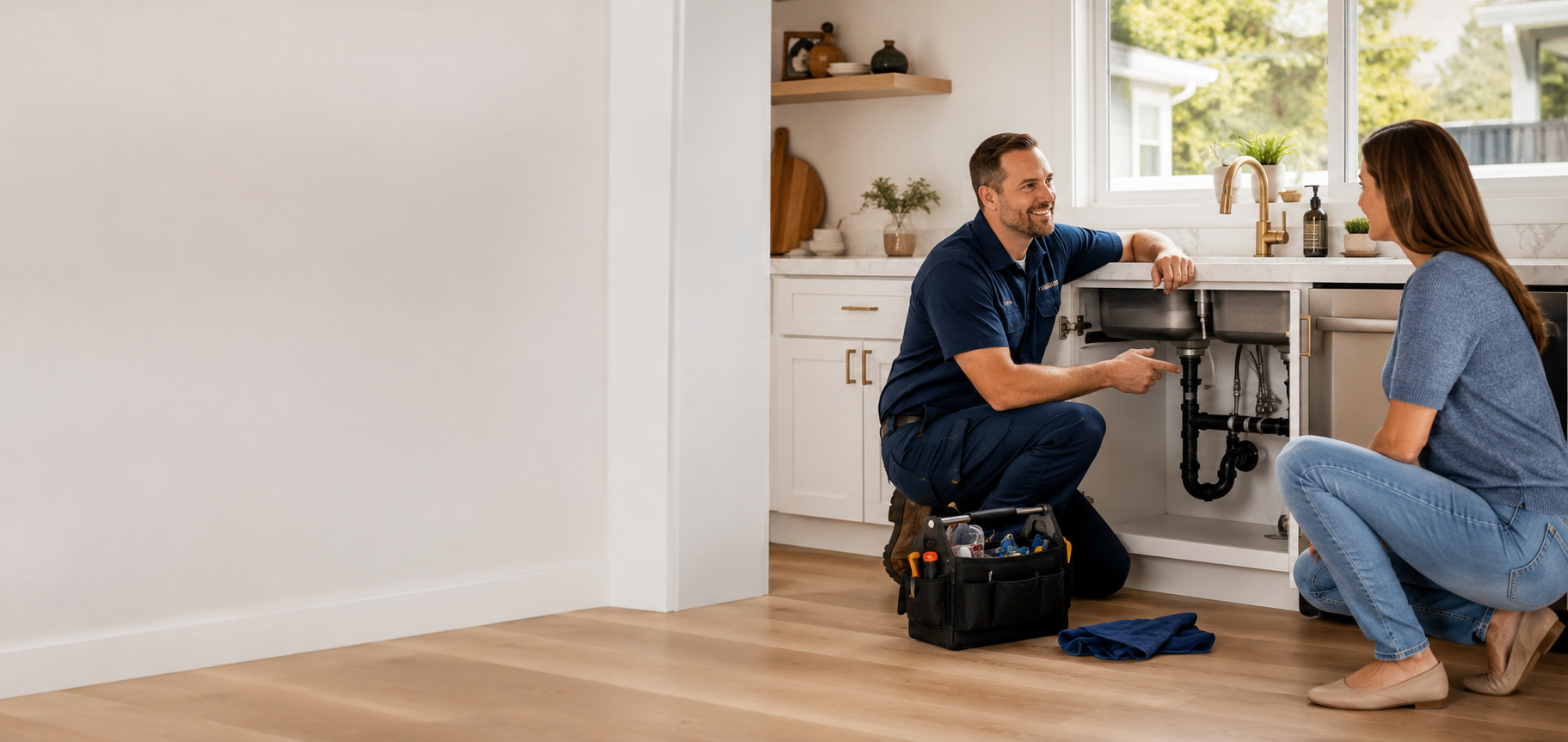 Plumber completing a residential repair and explaining the finished work to a homeowner