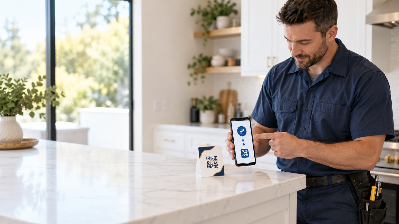 Home-service technician showing a Google review link and QR code after completing a residential service call