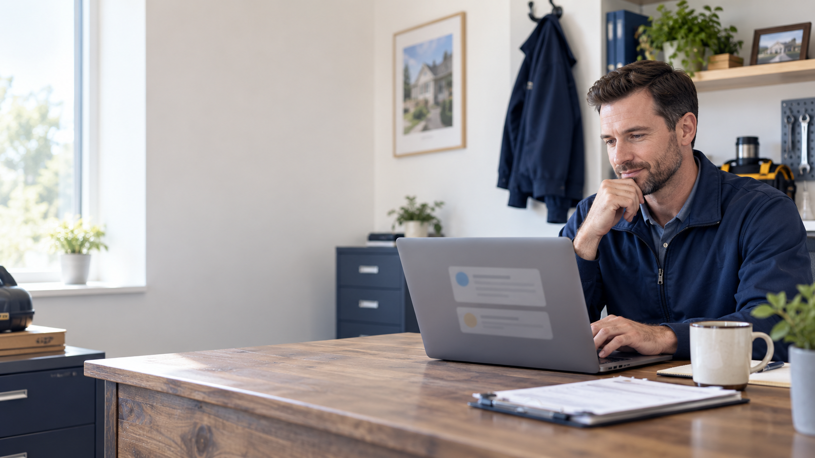 Home-service business owner calmly reviewing customer feedback and preparing a thoughtful response