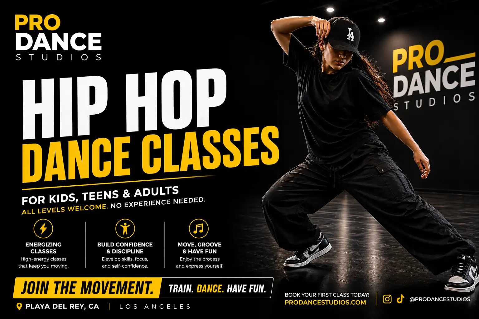 Student performing dynamic hip-hop choreography during high-energy hip-hop dance classes for kids, teens, and adults at PRO DANCE Studios in Los Angeles.