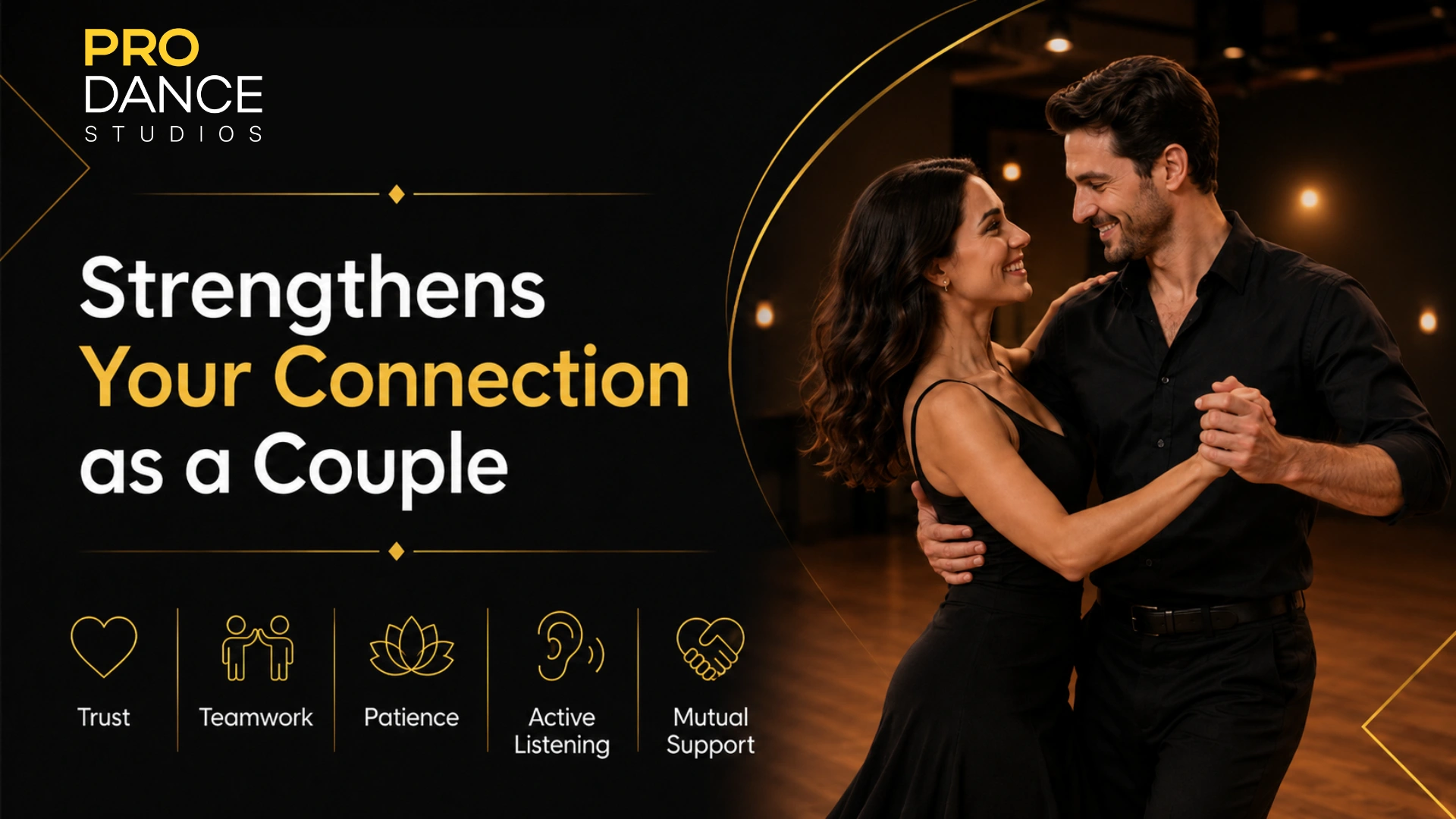 A poster showing a happy couple after they took couple dance classes at Pro Dance Studios in Playa Del Rey as they strengthened their connection as a couple.