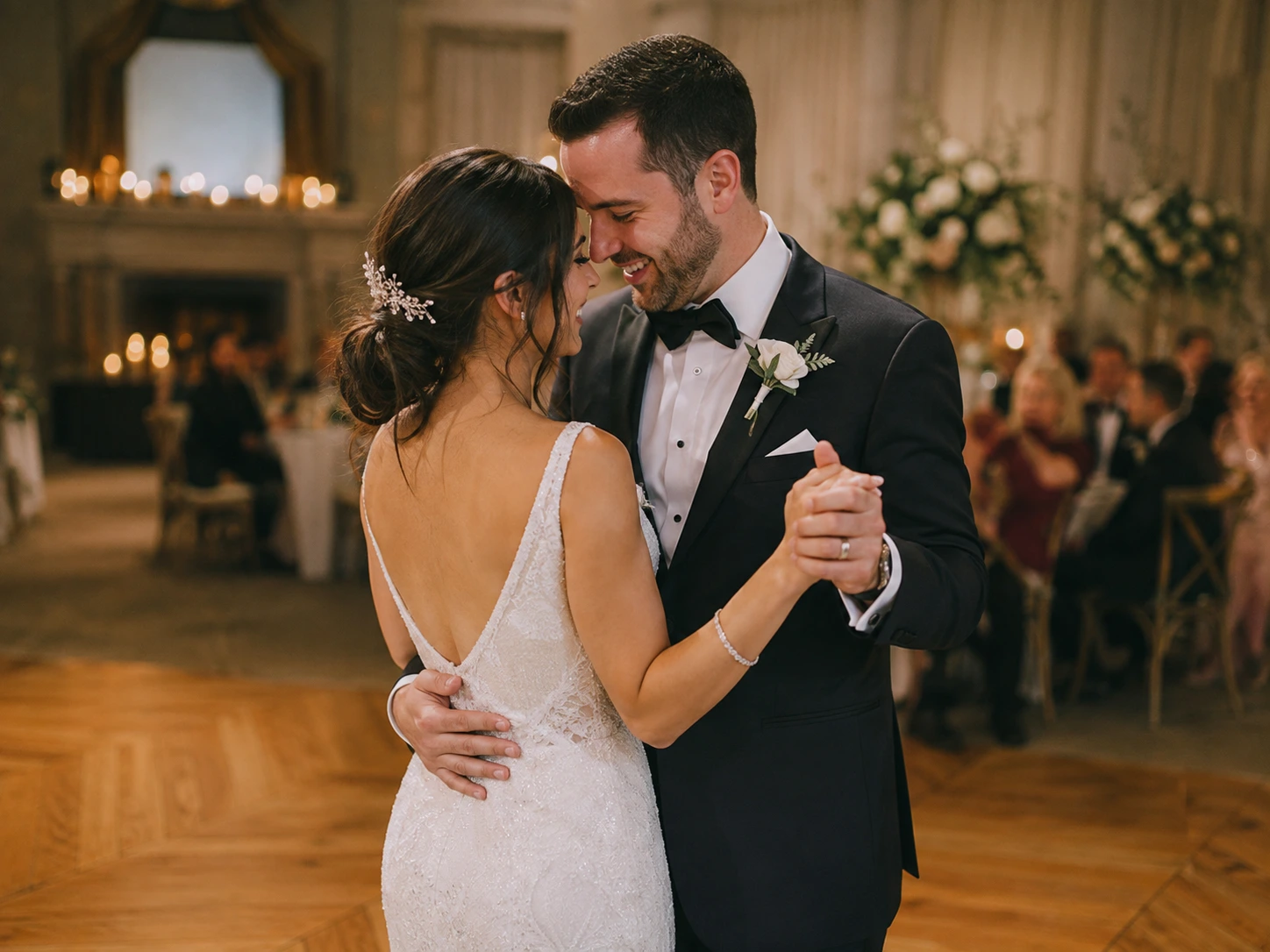 A wedding couple smiling while performing their Wedding Dance.