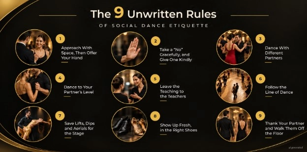 Social dance etiquette infographic titled “The 9 Unwritten Rules of Social Dance Etiquette,” showing nine numbered tips with dancer photos on a black and gold background.