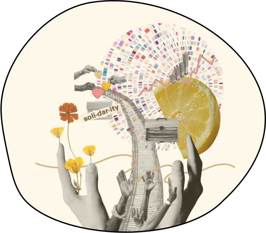 Une image d'illustration faite de collages pour représenter les expertises de Juliette Tassy en tant que consultante en levée de fonds.